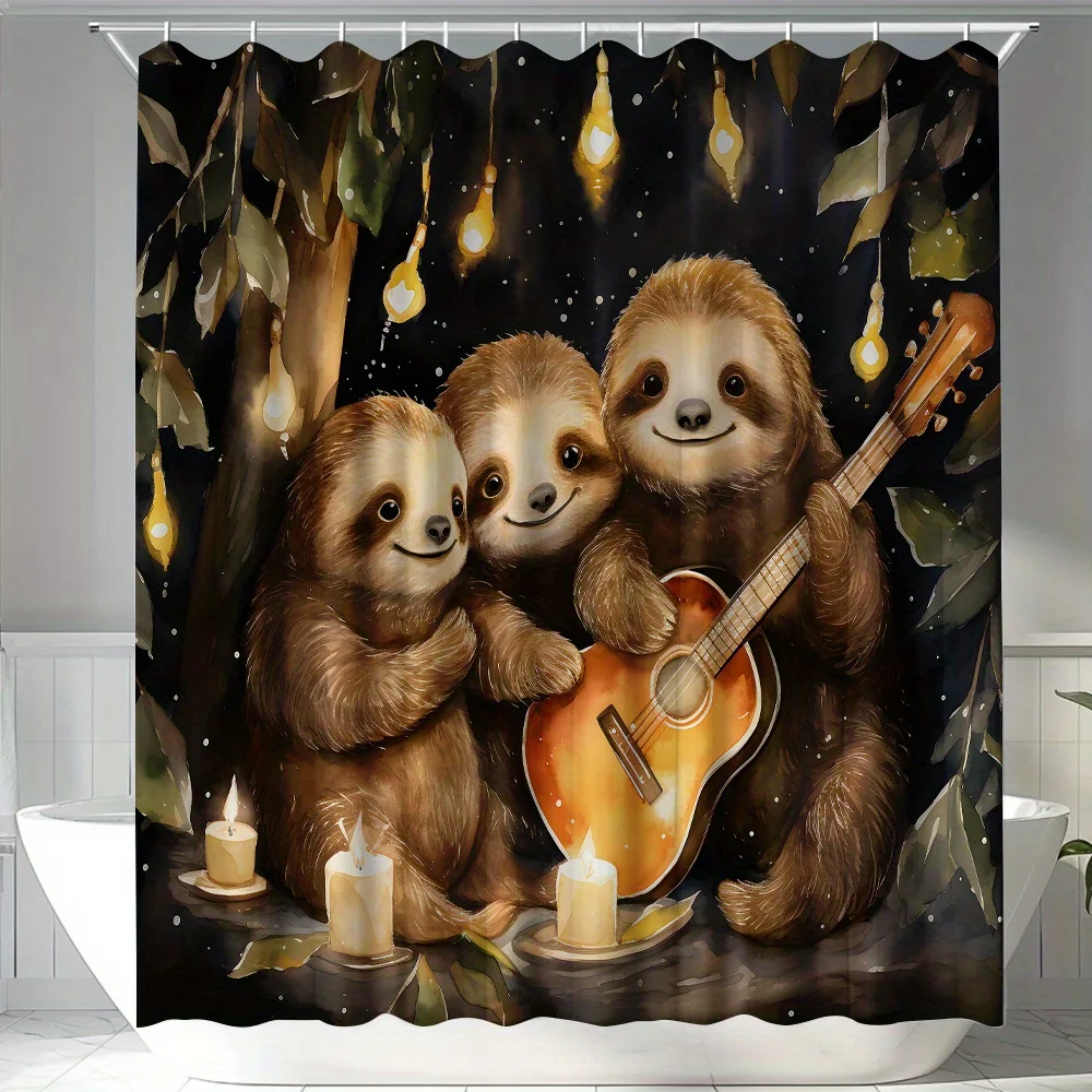 Cute Sloth Family Playing Guitar Shower Curtain Fantasy Forest Animal Print Bath Screen Waterproof Polyester Fabric KidsBathroom