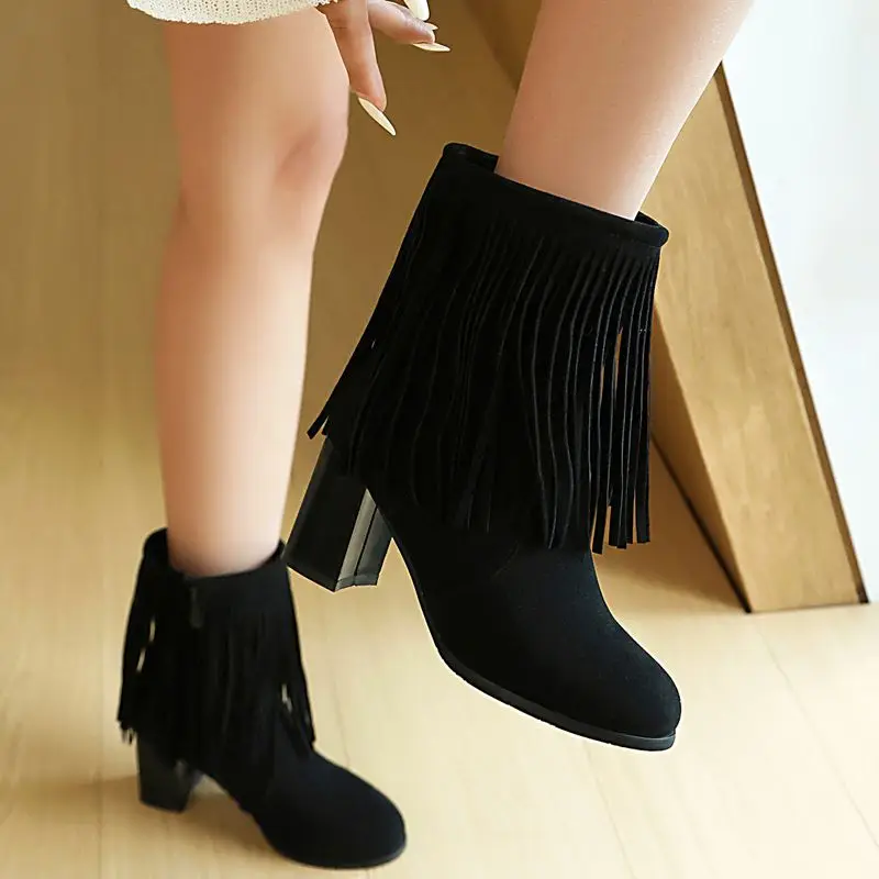 

ORCHALISA Женские ботильоны из флока с бахромой на молнии, большой размер 47 48, черные женские ботильоны с кисточками, круглый носок, блочные каблуки 6,5 см