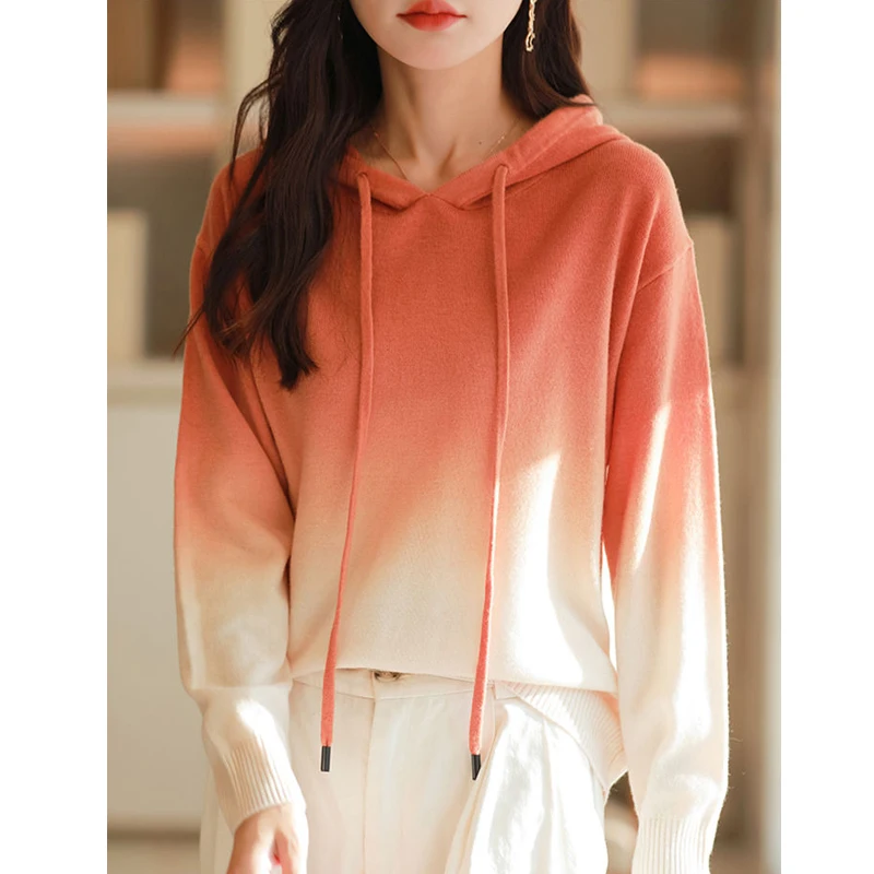 Women Clothing Gradient Print Chic Sweet Hooded Knitted Sweater Simple Hoodie Long Sleeve Loose All Match Pullover Tops Jumper