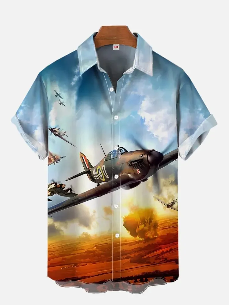 2025 Summer Green Fighter Aircraft Printed Shirt New Cardigan Vintage Single Breasted Shirt Clothing Printed Men's Short Sleeve