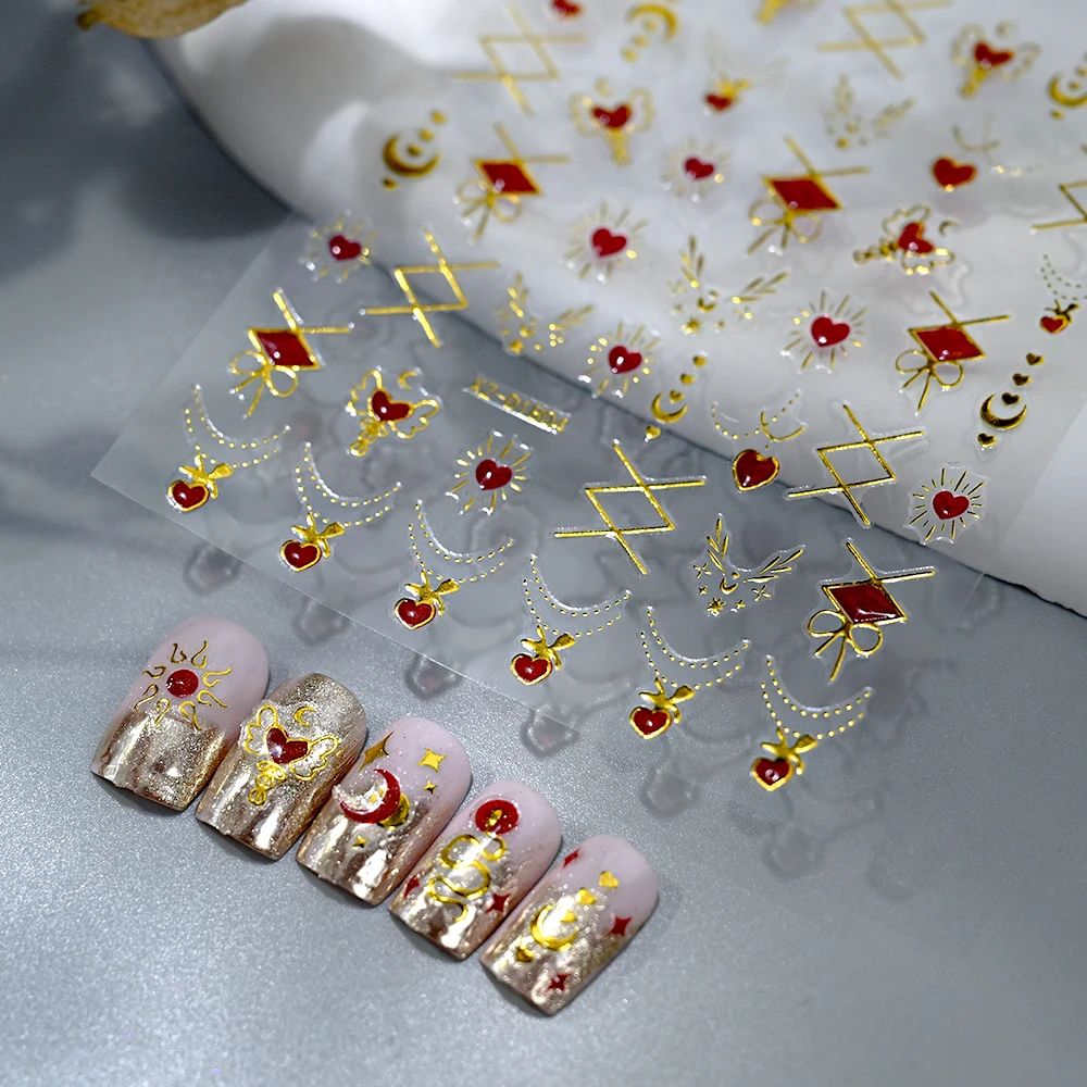 6Pcs Red Heart Rhinestone Gems Nail Stickers 3D Bronzing Gold Sun Moon Starlight Metallic Slider Decals Adhesive Jewels Stickers