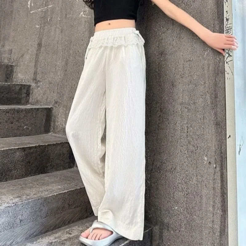 Girls' Wide Leg Pants 2026 Summer New Arrival Lightweight Lace Trim Flowy Straight Leg Casual Pants