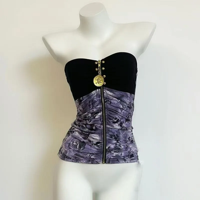 

American Sexy Hottie Strapless Vest Subculture Aesthetic Print Chic Vest Harajuku Hollow Patchwork Tanks Women's Street Slim Top