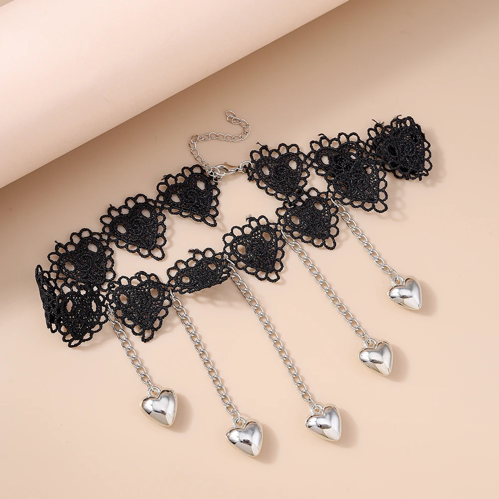 Aihua Gotische Viktorianische Schwarze Spitzenkette für Frauen Lange Quasten-Herz Sexy Spitzen-Choker Halskette Steampunk Kragen-Schmuck – Detail 3