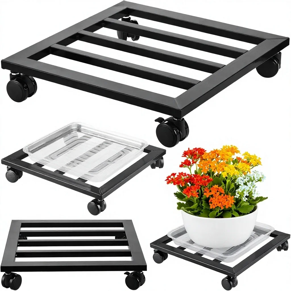 Made in China 2-Pack 13.6 Inch Square Wrought Iron Plant Caddy, Metal Planter Dolly with Movable PU Wheels for Garden Pot