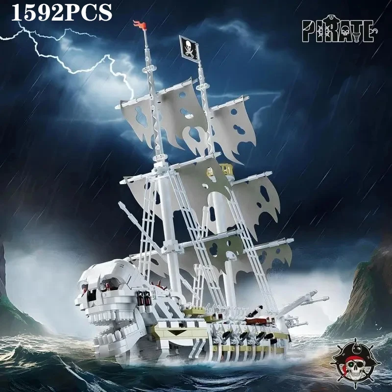 1592PCS Skeleton Ghost Ship Building Blocks Storm Pirate Ship Model Bricks Desktop Decoration Ornaments Boys DIY Toys Idea Gifts