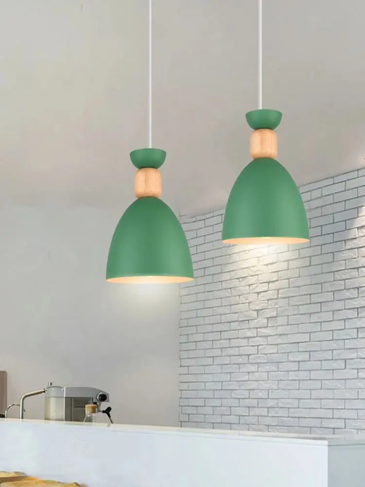 Groen Hout Hanglampen Nordic Modern Hanglamp Schaduw Keuken Woonkamer Indoor Verlichtingsarmaturen Led Loft Lampara Techo - afbeelding 2