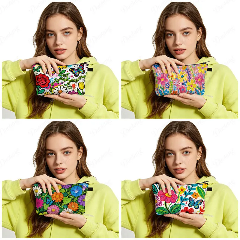 Graffiti Hand-drawn Flowers and Plants Graphic Pattern Cosmetic Case Lipstick Napkin Holder Toiletry Bag Women Makeup Bags Gift