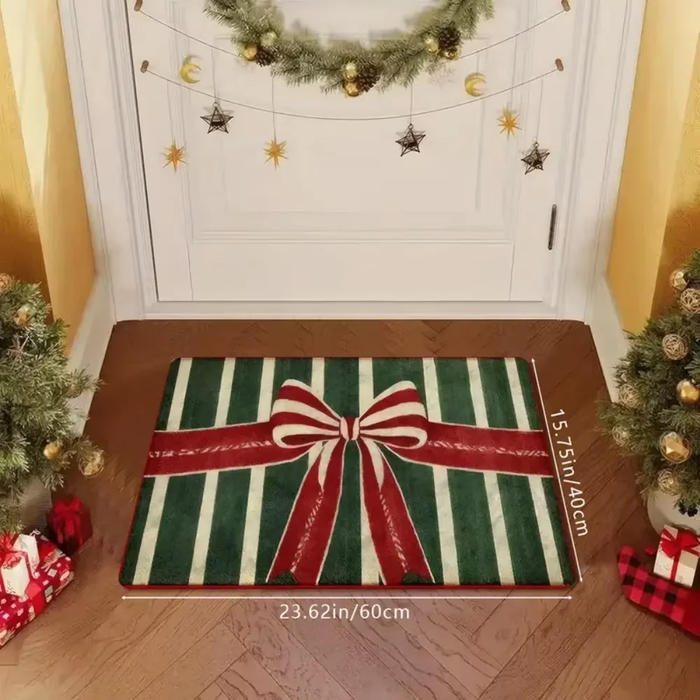 1 PC Christmas Vintage Red and Green Striped Bow Welcome Doormat, Soft and Absorbent Bathroom Mat for Decorative Rugs at Doors