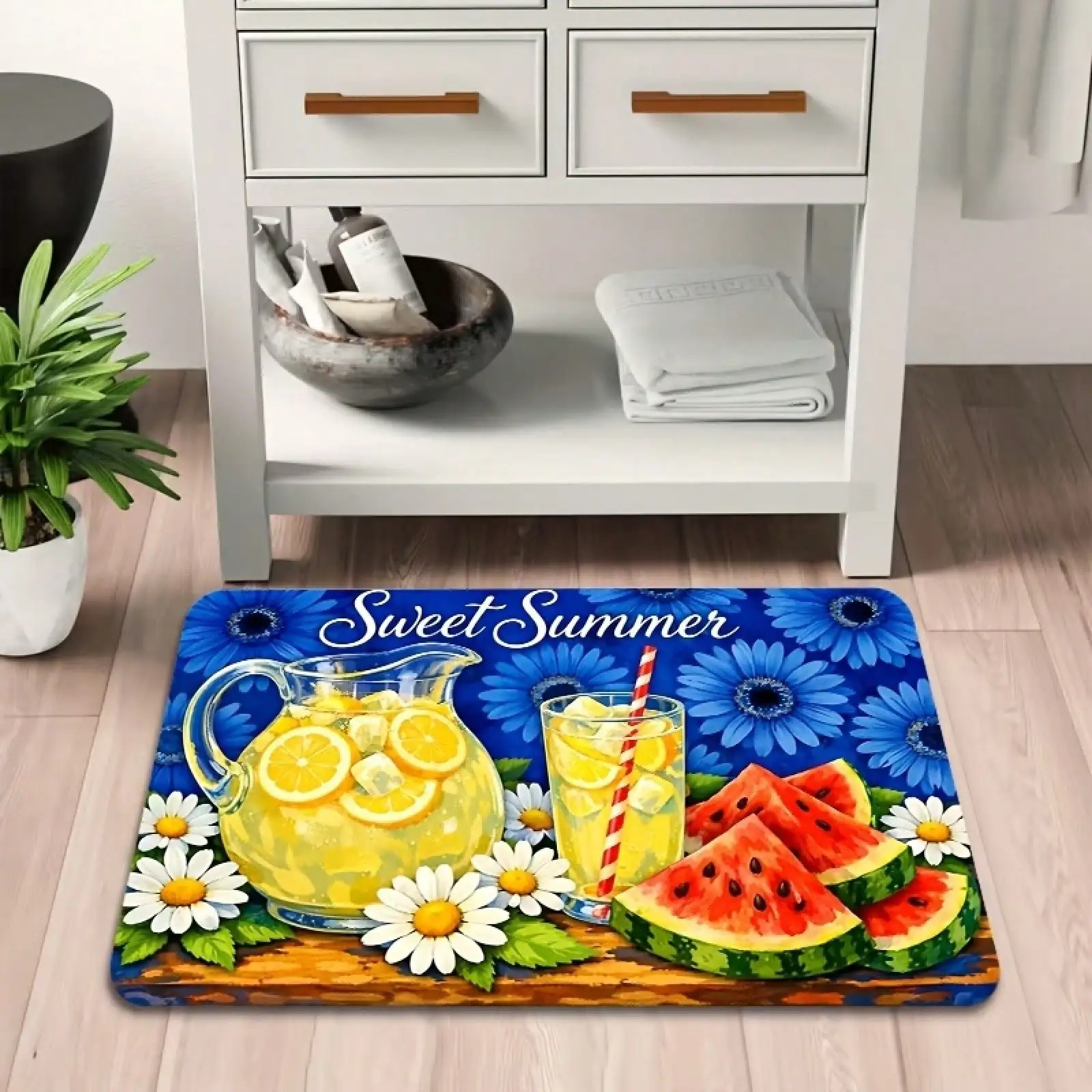 2D Blue Summer Lemon Watermelon Floral Pattern Door Mat, Non-Slip Flannel Entrance Rug, Washable, Soft And Comfortable, Suitable For Living Room Bedroom Kitchen