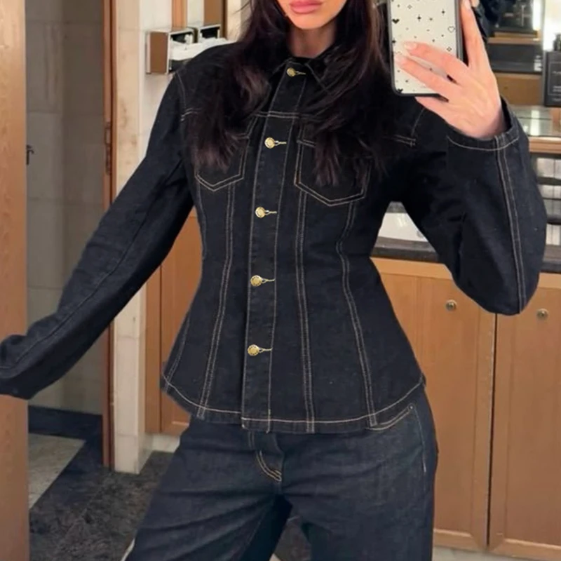 

Washed Denim Shirt Jacket Split and Spliced Design with A Sense of Waistline, Long Sleeves, Casual Women's Top
