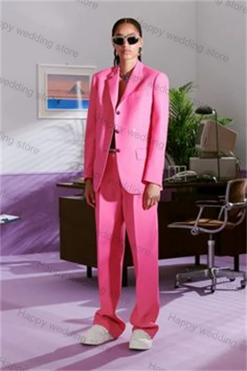 Hot Pink Formal Women Suit Pants Set 2 Piece Blazer+Trousers Fashion Business Office Lady Cotton Coat Jacket Customized Outfit