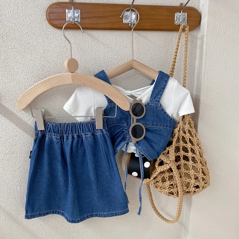 Fashion Baby Girl Denim Clothes Set Strap Vest+Skirt 2PCS Kid Jean Drawing String Crop Top Suit Outfit Baby Clothes 2-10Y