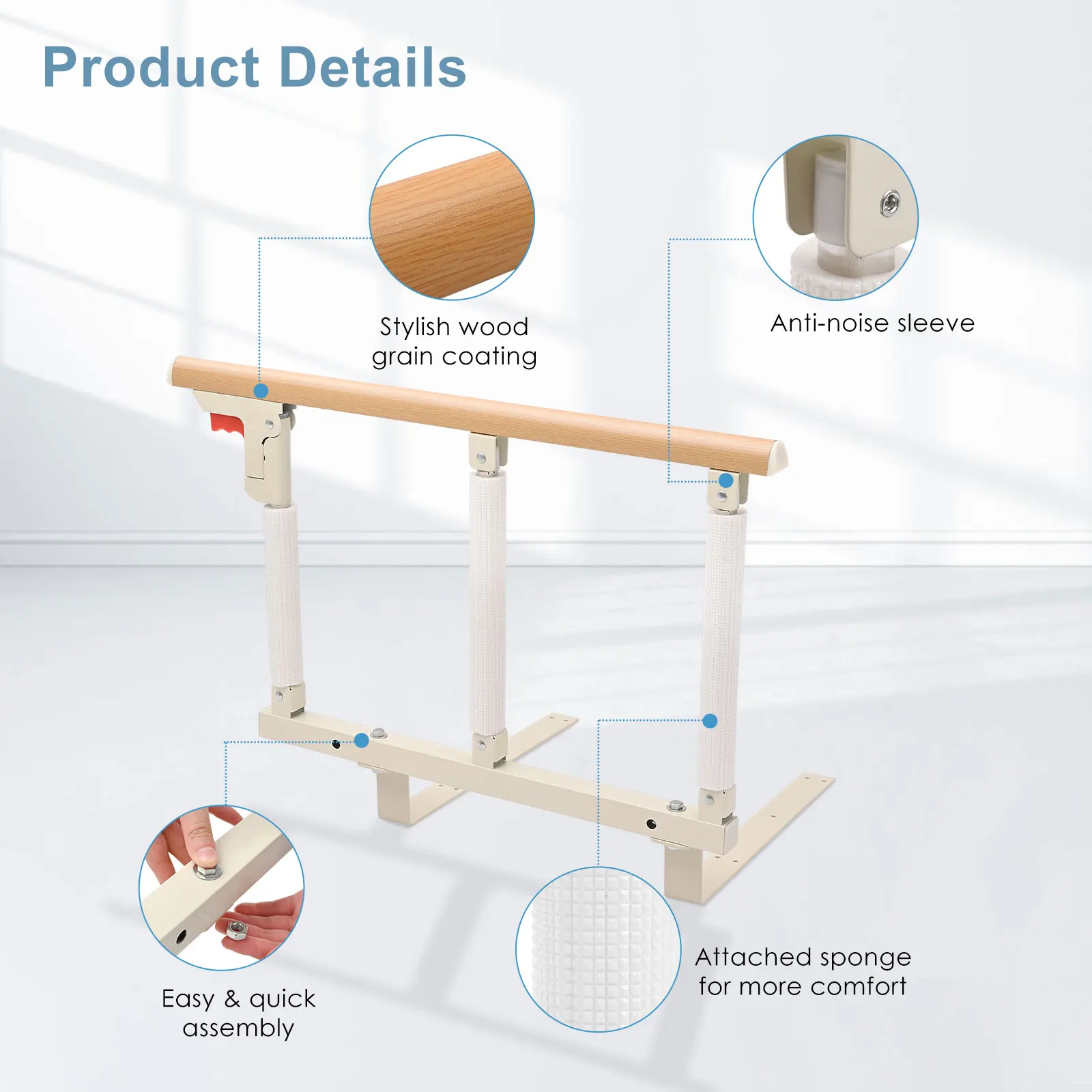 Aluminium Alloy Folding Bed Rails Wooden Grain Safety Assist Handle Bed Railing Fit For Elderly Seniors Adults