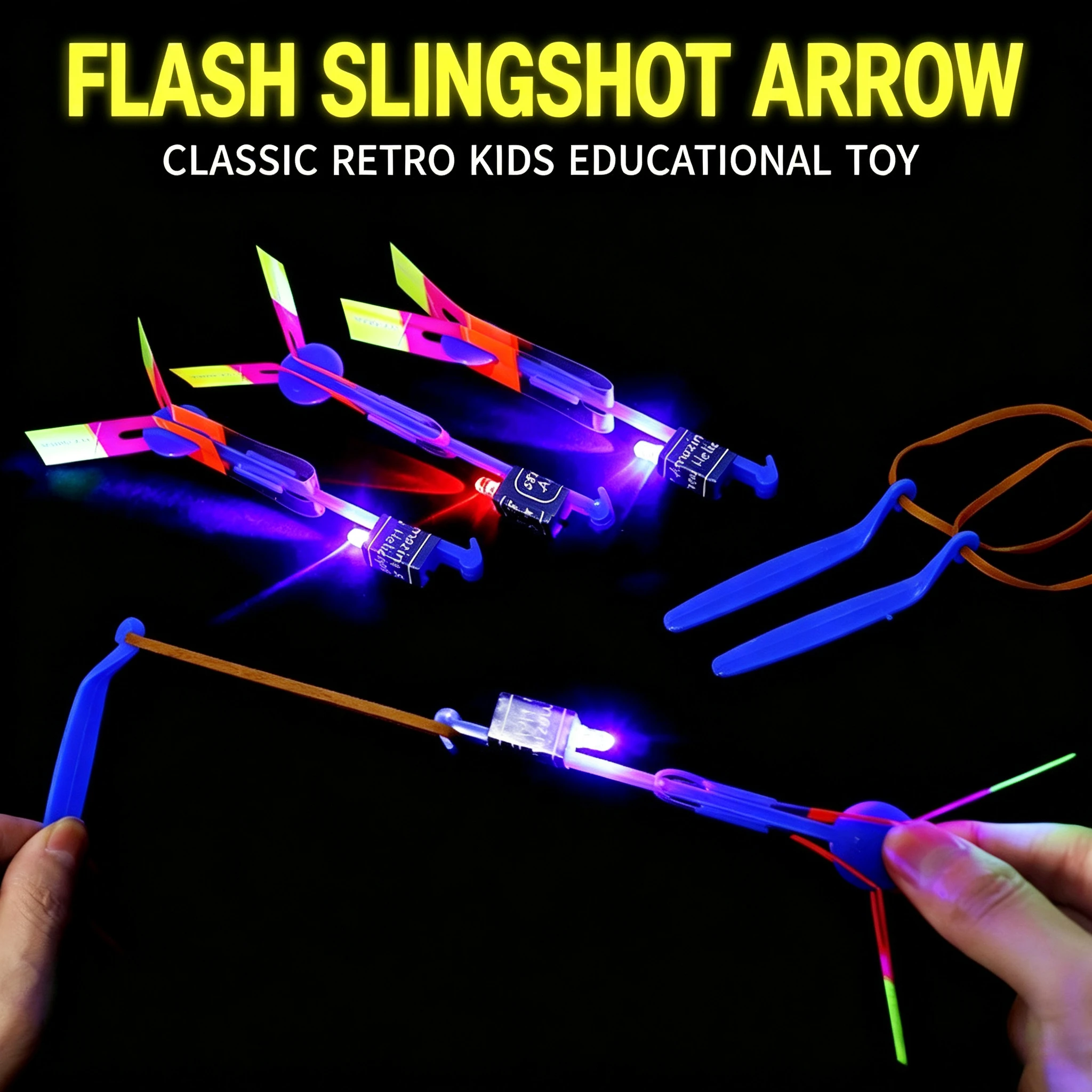 Outdoor Flash Rocket Toy LED Lights Glowing Slingshot Rocket Helicopter Flying Toy Party Fun Gift Rubber Band Ejector Toys