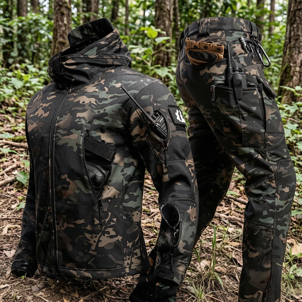 Windproof Softshell Camo Suit, Fleece Lined Winter Jacket for Hiking Climbing Military, Warm Comfortable Breathable Durable