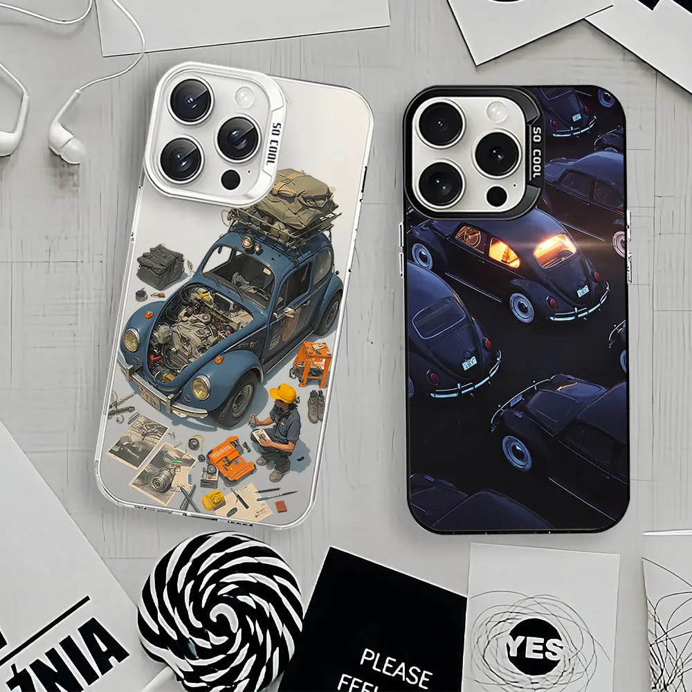 Cool car For iPhone 11 12 13 14 15 16 Pro Max Plus Black White Shockproof Cover Laser IMD Phone Case  V-Volkswagen