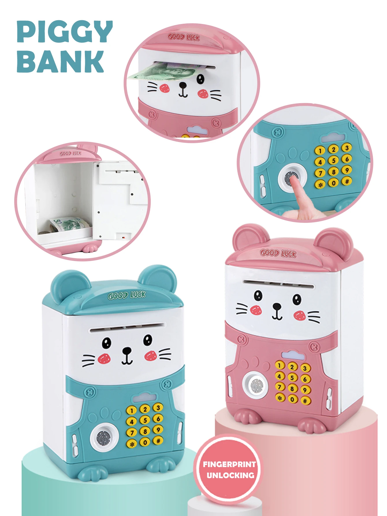 Geldautomat-Sparschwein-Spielzeug, elektronische lustige Musik, Cartoon-Fingerabdruck-Passwortbox, simulieren Sie das Fingerabdruck-Passwort, die Kindergeschenke entsperrt – Detail 14