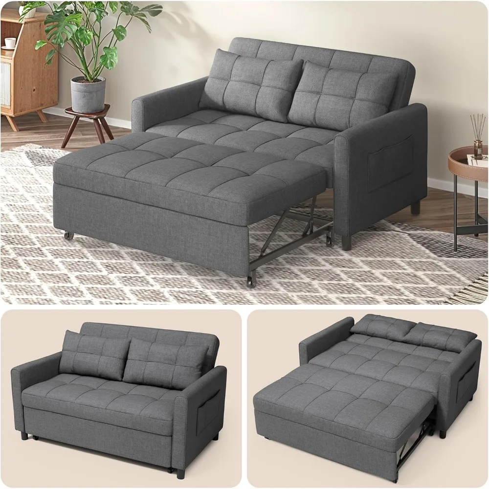 

3 in 1 Convertible Sleeper Sofa Bed, 45" Futon Couches with Side Pocket and Adjustable Backrest, Linen Fabric Pull Out Couc