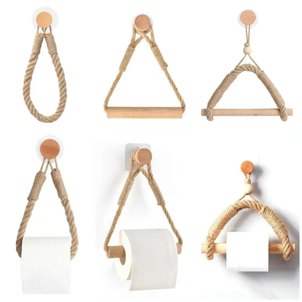 

1Pcs with Movable Suction Cup Toilet Paper Holder Toilet Accessories Wall Mounted Towel Hanging Rope Wooden