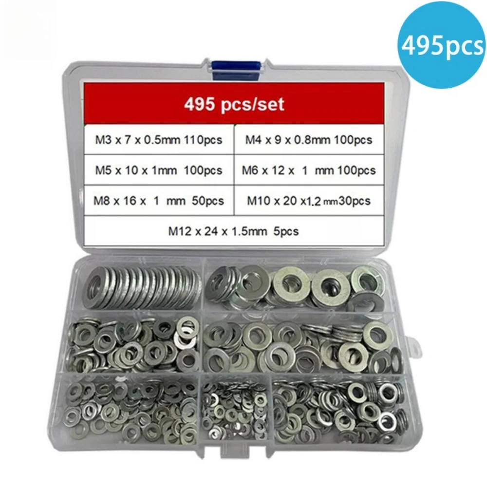 495PCS 304 Stainless Steel Gasket Metal Flat Gasket Metal Washers M3 M4 M5 M6 M8 M10 M12 Flat Washers Hardware Accessories