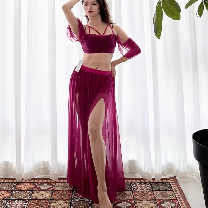 Spersonalizowana sukienka do tańca brzucha Swegal, odzież do tańca orientalnego, strój do ćwiczeń, fioletowo-różowo-czerwona siateczka, podwójny widełkowy zestaw z dużą spódnicą do swingowania.