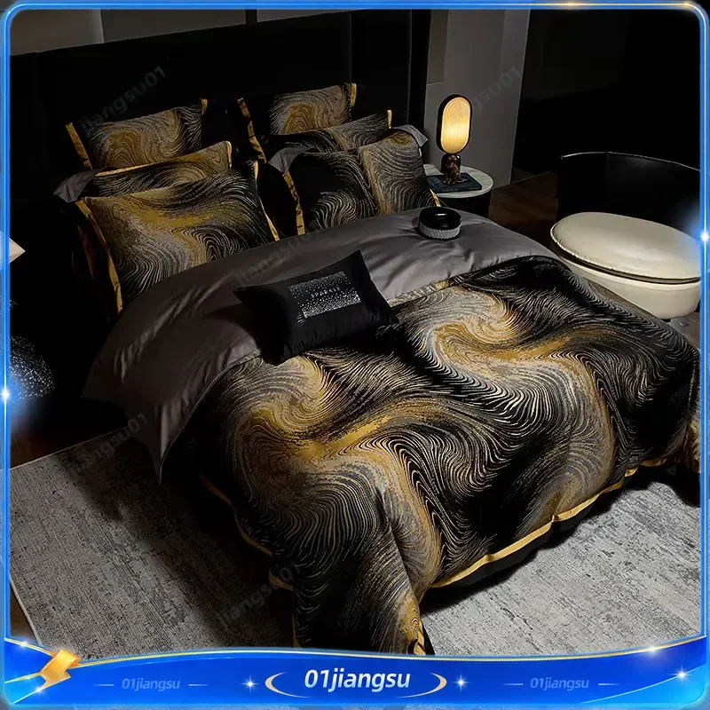 4Pcs Luxury Black Gold Brocade Jacquard Egyptian Cotton Bedding Set Duvet Cover Flat Fitted Sheet Pillowcases Home Textile
