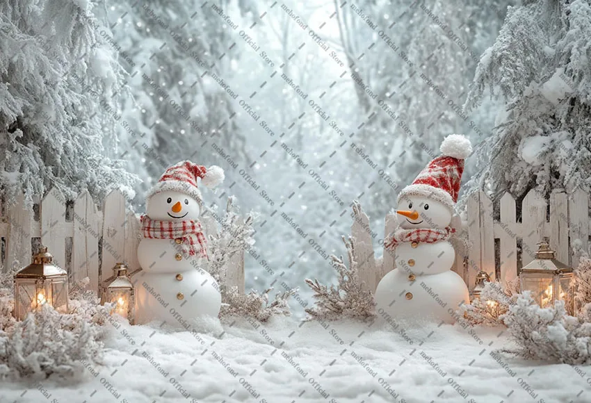 Mehofond Photography Background Christmas Winter Forest Fence Snowman Xmas Tree Kids Family Portrait Decor Backdrop Photo Studio