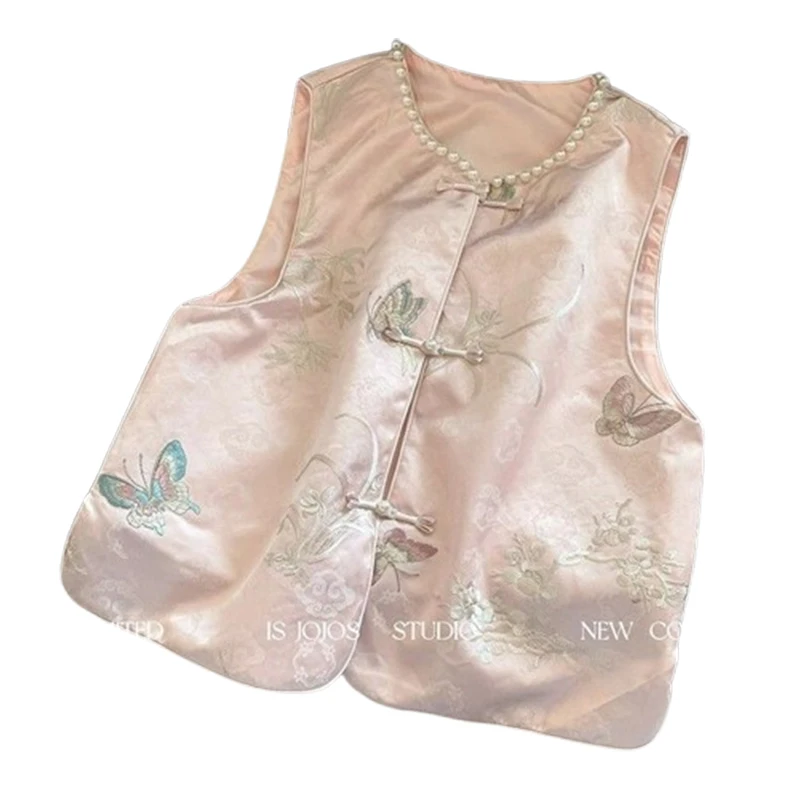 플로럴 자수 새틴 실크 베스트 여성 민소매 빈티지 탑 중국풍 레트로 버클 탑