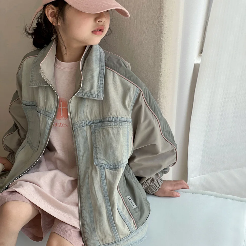 

Girls Spring Coat 2024 New Medium Children Color Matching Casual Thin Spring and Autumn Children Denim Shirt Coats Cardigan