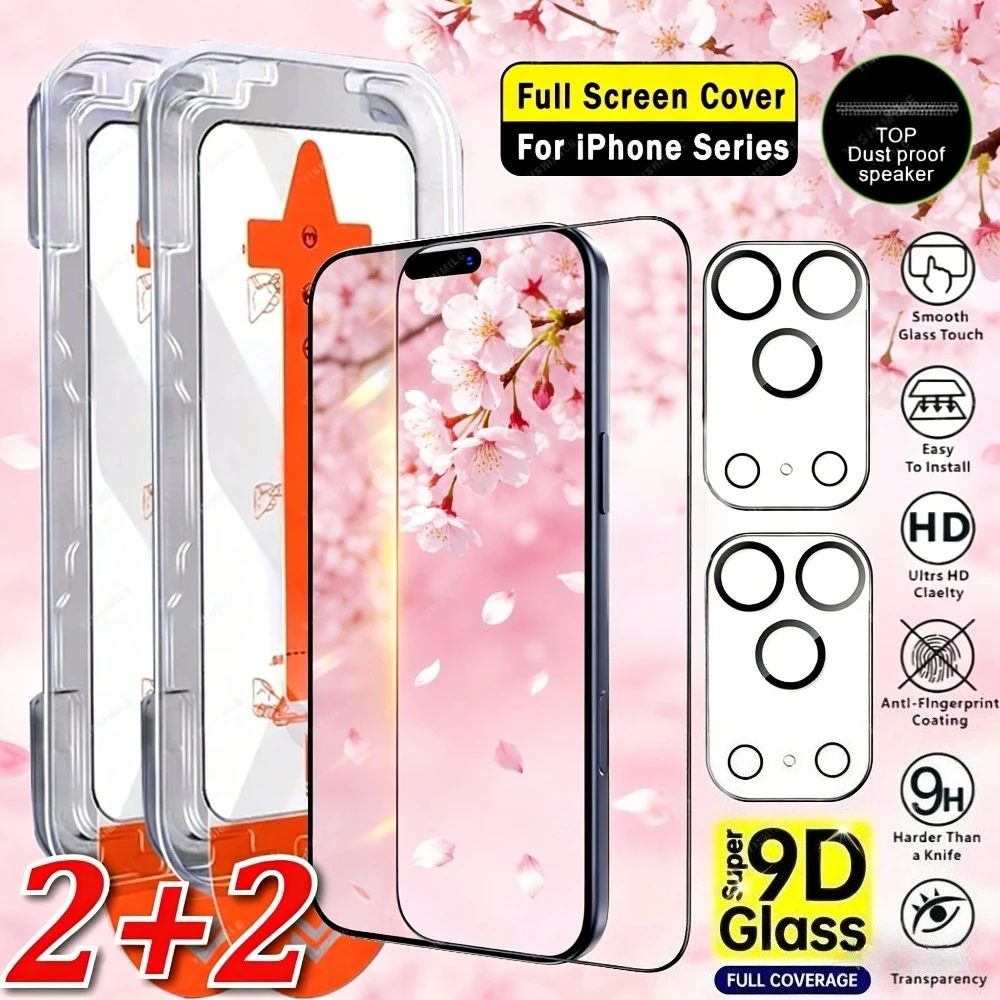 

4-in-1 Ultra Clear Screen Protector for iPhone 17 16 15 14 13 Pro Max Air 16 15 Plus 12 11 Pro Mini One Click Installation Glass