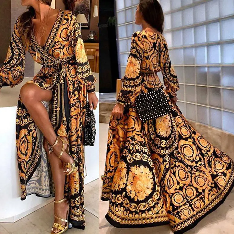 Womens Boho V-Neck Printed Sundress Long Maxi Dress for Summer Loose Party Beach Holiday Casual Long Dress Beach Dress
