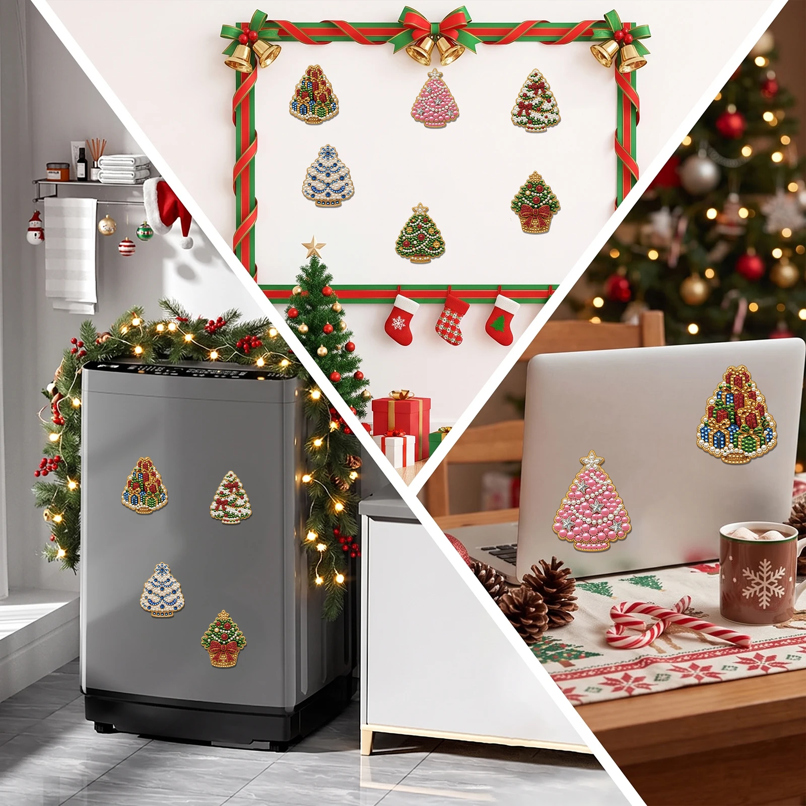 6PCS Christmas Tree Pearl Diamond Art Painting Fridge Magnets Kit DIY Diamond Art Painting for Holiday Home Decoration