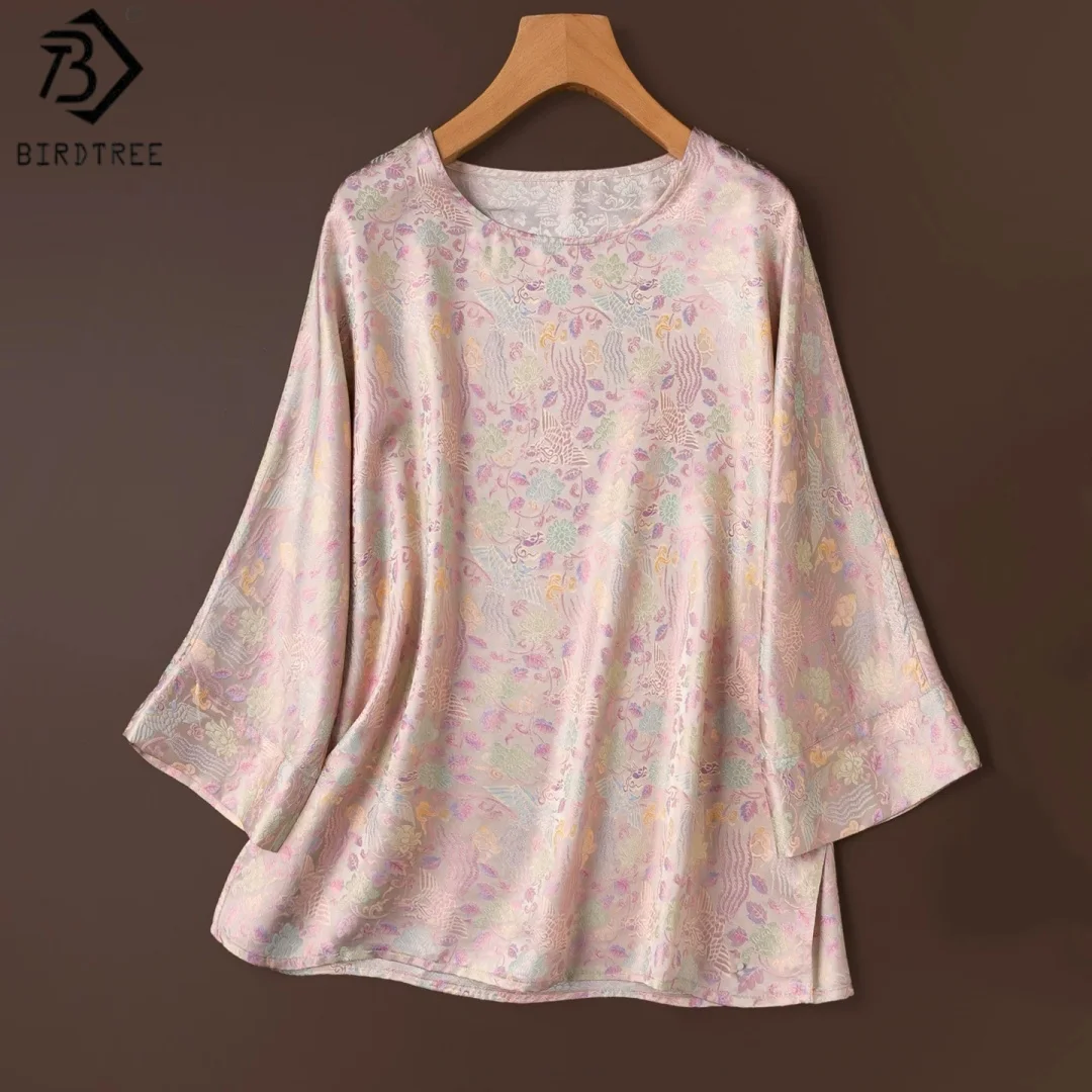 Birdtree, 100% Real Silk Jacquard Tshirt, O-neck Long Sleeve Tops, Women Sangbo Satin Reversible Shirt, 2026 Autumn New T67905JF