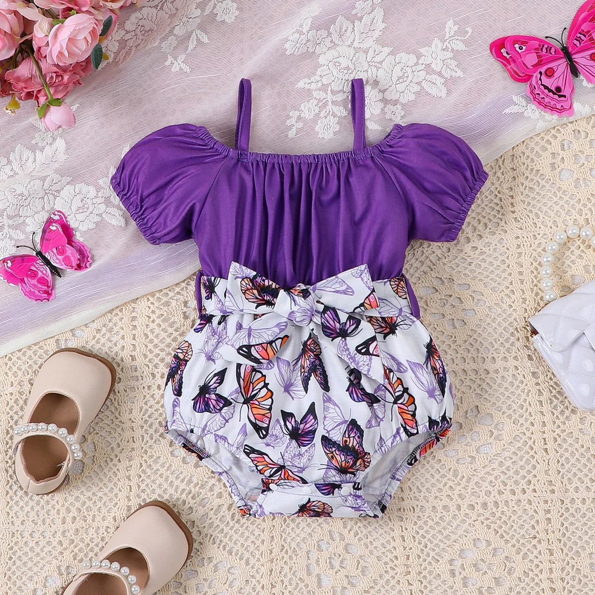 

Baby girl baby fashion casual solid color suspender lantern sleeve butterfly print triangle jumpsuit (including belt) summer
