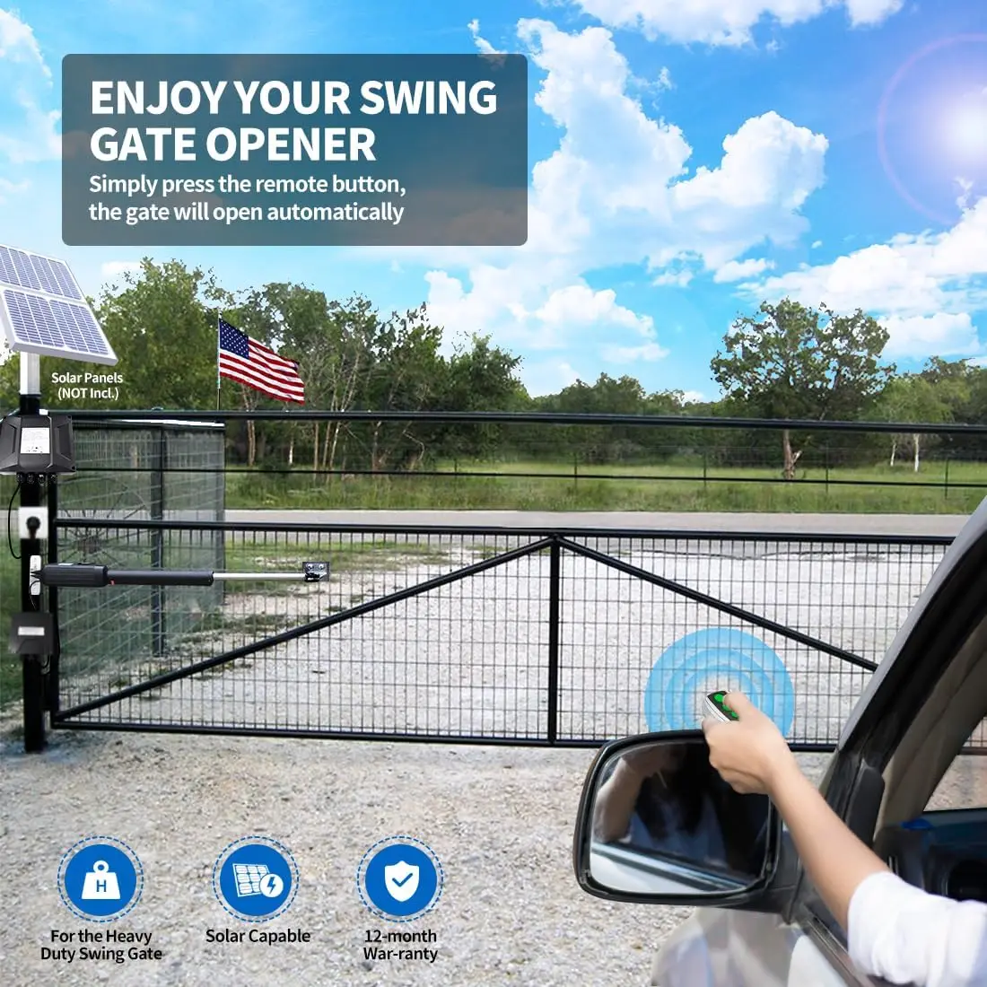 Swing Gate Opener Heavy Duty Automatic Gate Motor for Single Swing Gates Up to 18ft, Electric Driveway Gate