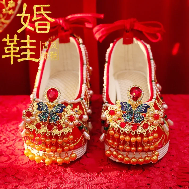 ใหม่หรูหรา Xiuhe รองเท้าจีน Phoenix Crown เจ้าสาวสีแดงปักรองเท้า Hanfu แพลตฟอร์มรองเท้า