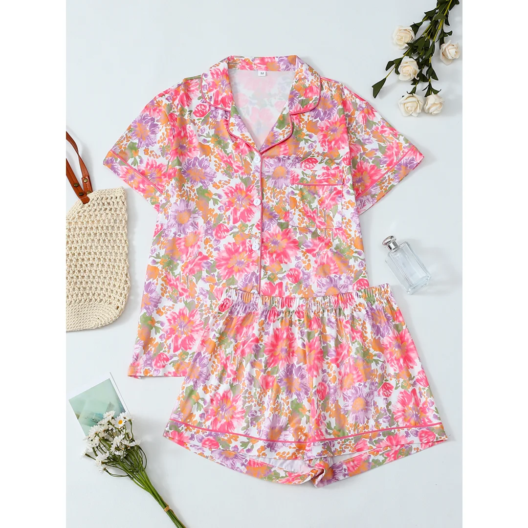 

Летний женский комплект пижамы с цветочным принтом, с отложным воротником, короткими рукавами и шортами, домашняя одежда, комплект для отдыха, подарки на Пасху