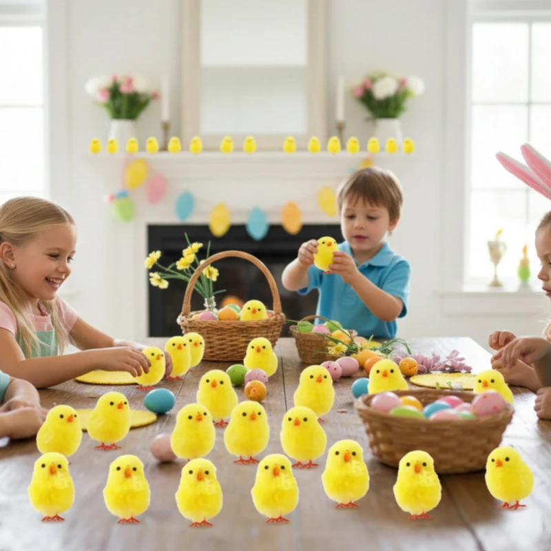 Figuras de polluelos de peluche amarillas, adornos de animales de granja realistas y esponjosos para decoraciones de fiesta de Pascua y acentos de regalos festivos
