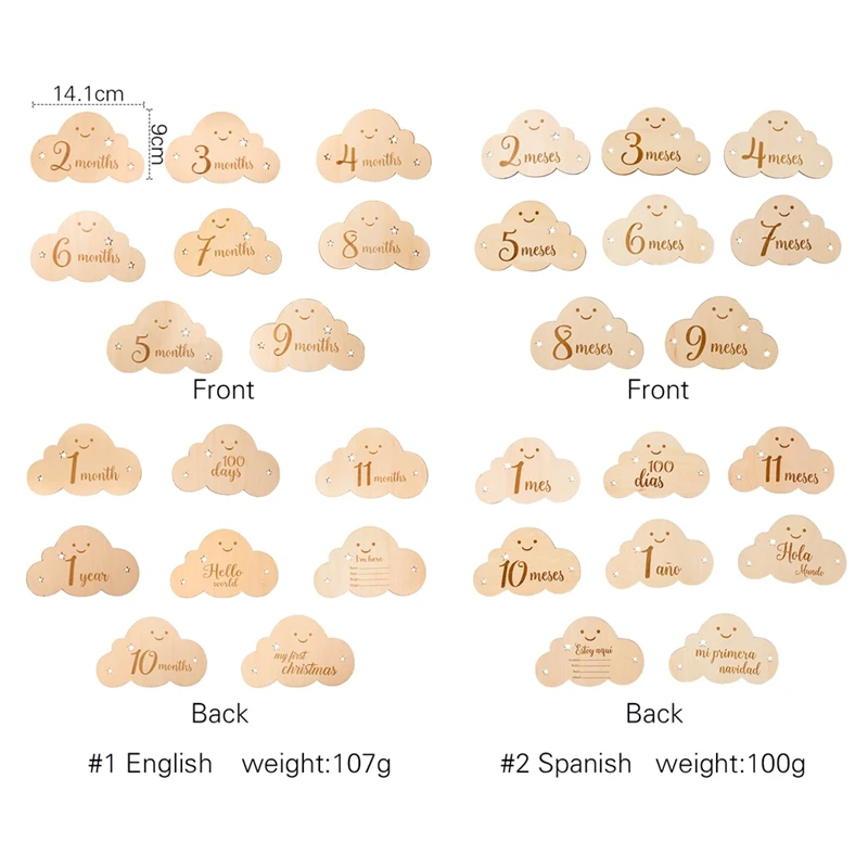 Englisch und Spanisch aus Holz, Baby-Meilenstein, Zahlenmonat, Gedenkkarten, Artikel, niedliche Wolkenform, Neugeborenen-Fotografie-Zubehör, Requisiten