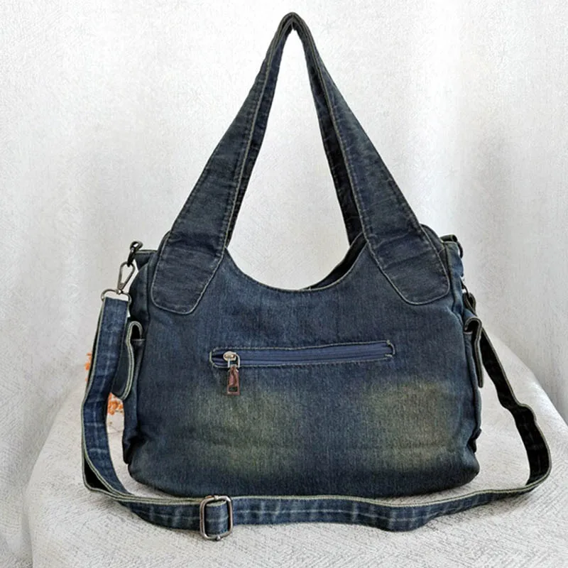 Denim Retro Unisex Grote Capaciteit Klinknagel Meerdere Zakken Handtas Schouder Messenger Crossbody Tas Tas Jean Vrouw Portemonnee