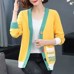 Outono inverno solto cardigans suéteres de manga comprida com decote em v tamanho grande 6xl bolsos moda casual de malha feminina casacos de camisola 2022