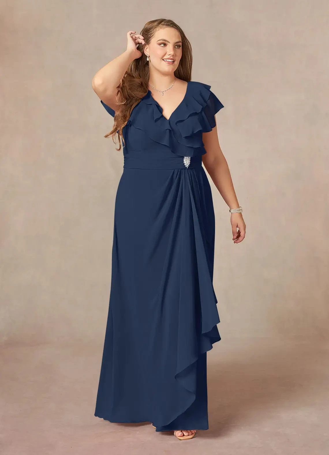 Customized Elegant Navy Blue Long Mother of the Bride Dresses Crystal V Neck A-Line Wedding Guest Party Evening Gala YMD23