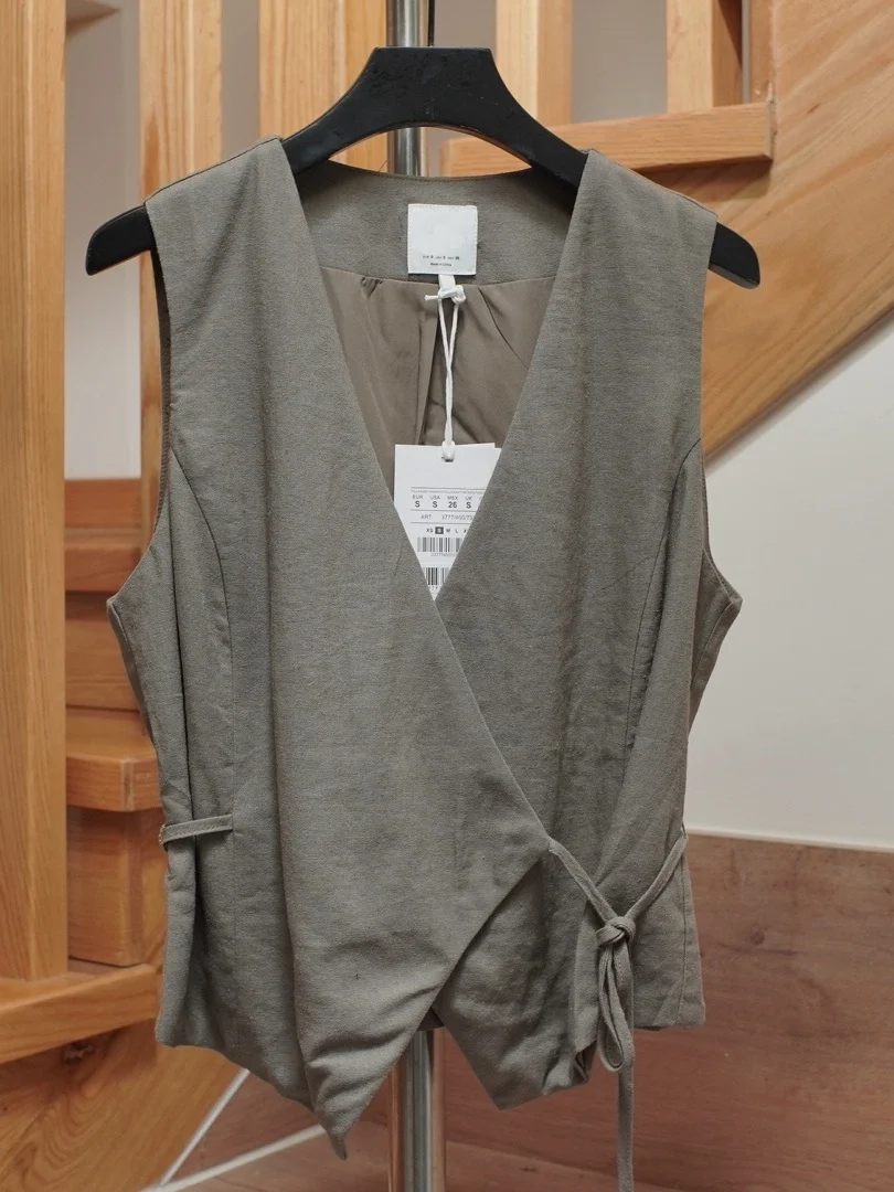 Fashionable Women's Deep Brown Linen Blend V-neck  Knot Belted Vest Short Length Outerwear Style Cotton Linen Blend