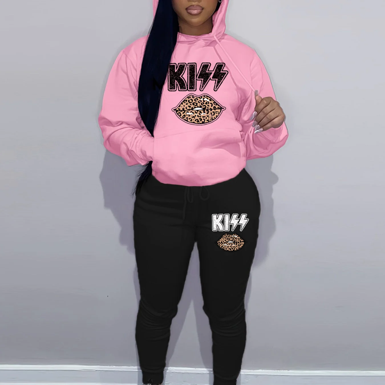 

Women's Hoodie+Sports Pants Set Hip Hop Street Casual Leopard Lipprint Pattern Printed Loose Autumn/Winter Warm Clothing