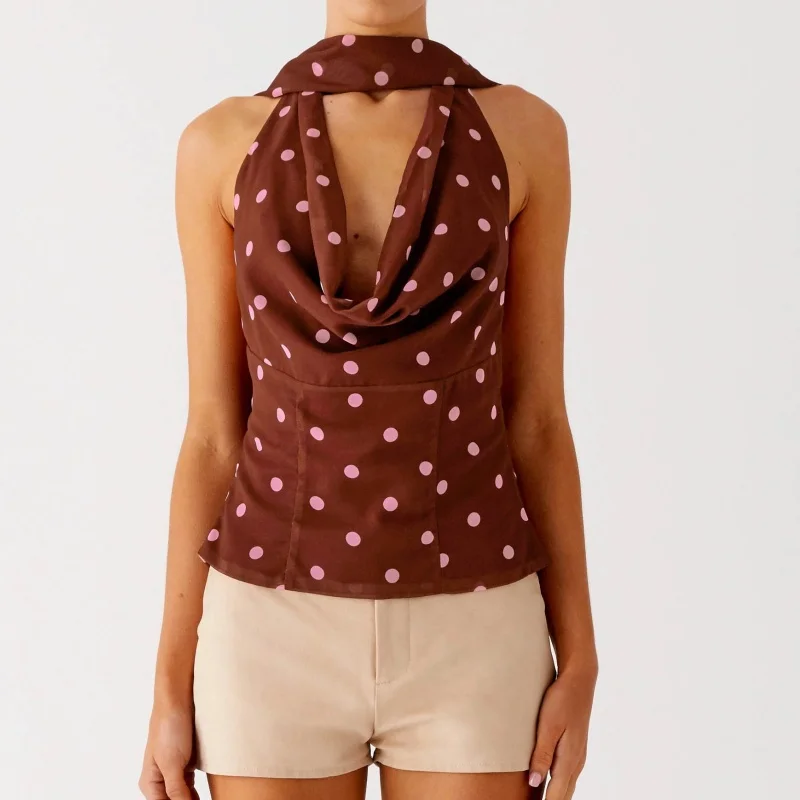 Canotte estive Y2K con stampa a pois con sciarpa Canotte da donna con lacci senza schienale Halter con scollo a V Trend Street Basic Chic Crop Top