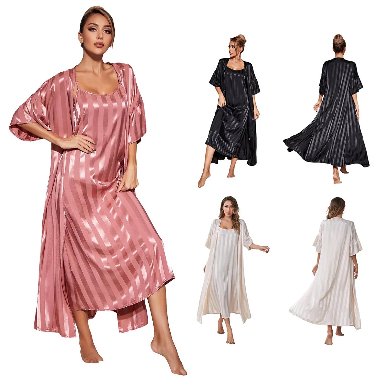

Suspender pajamas women's imitation silk long-sleeved high-end ice silk nightgown loungewear set Z405