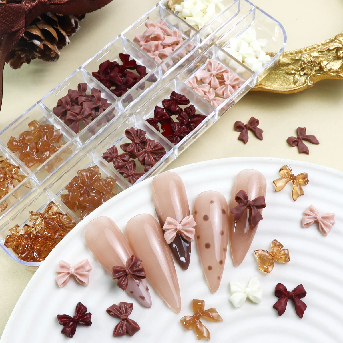 A Set of for nail Decoration Supplies Featuring Brown Ribbon Bows, Resin Bow Ties, And Rhinestone Bowknot Charms, Perfect for 3D