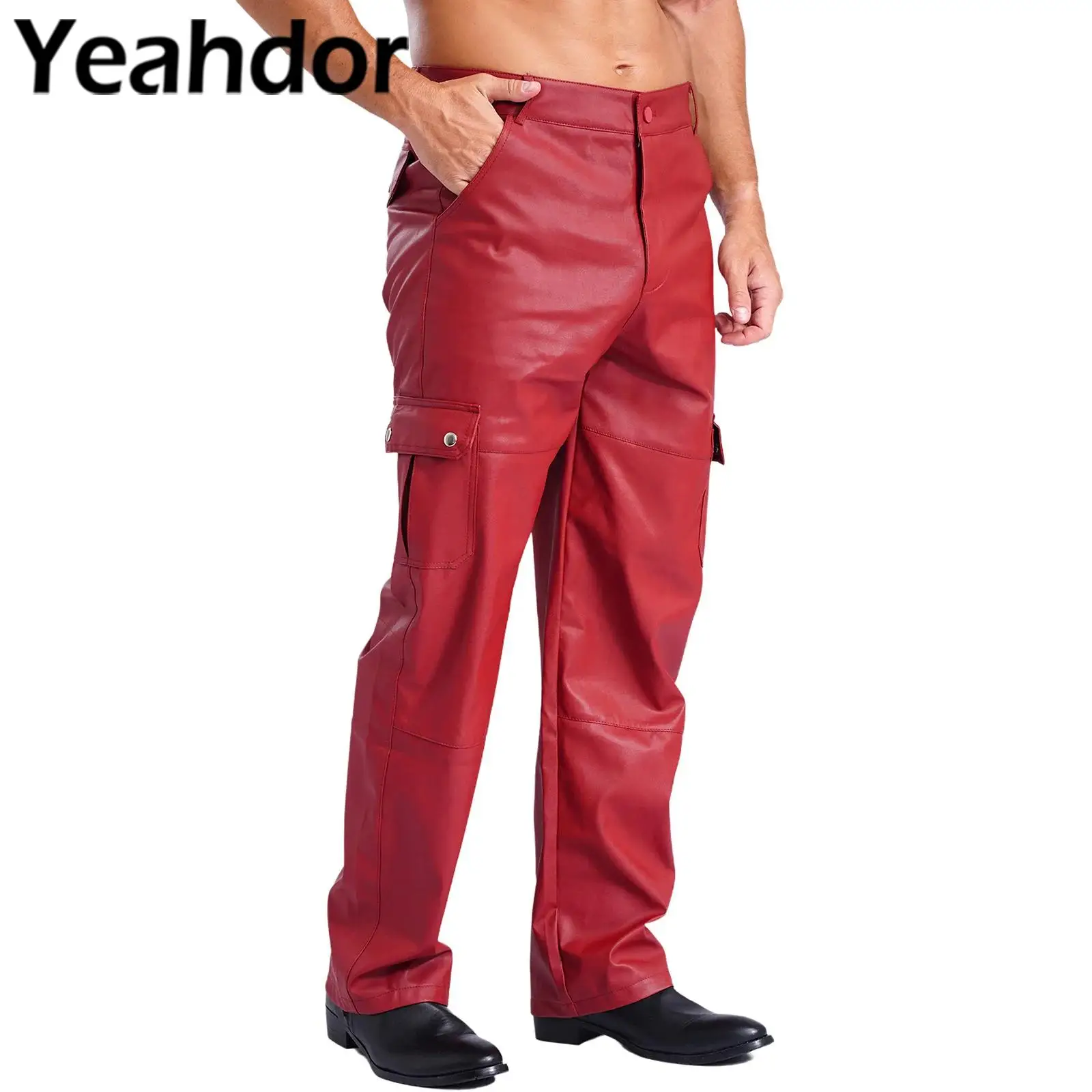 Mens PU Leather Pants Multiple Pockets Trousers Night Club Cargo Pants Motorcycle Biker Pants for Music Party Clubwear Costumes