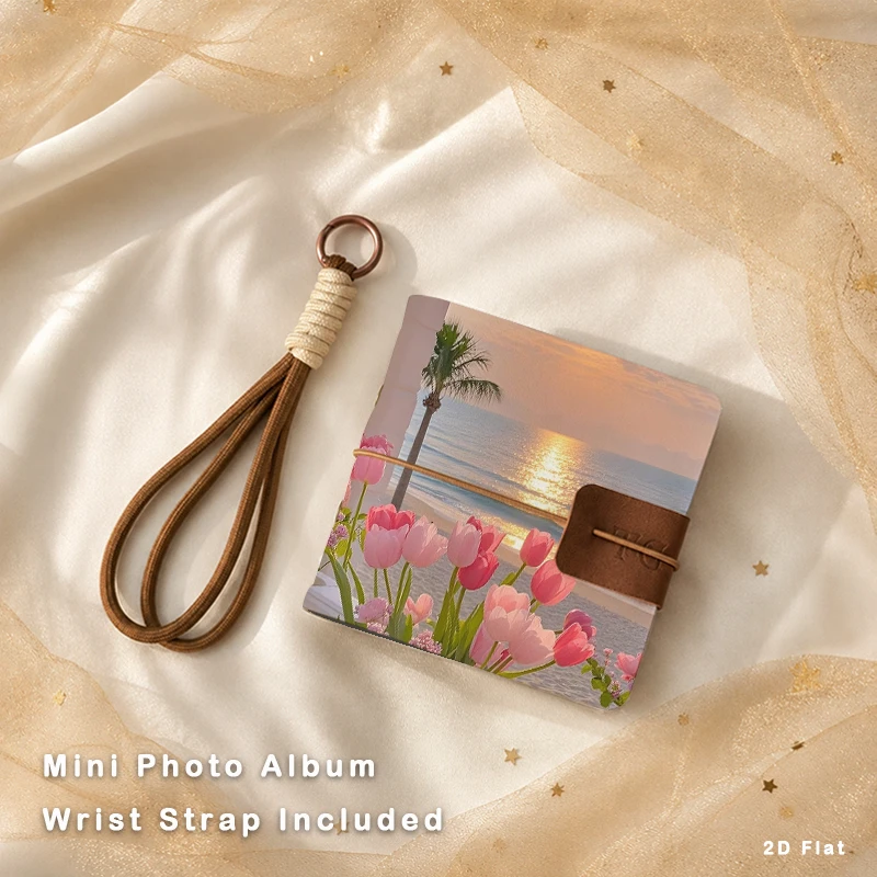 Beach Sunset Tulip Landscape Mini Photo Album With Wrist Strap Pocket Photo Book Seaside Scenery Picture Storage Keepsake Gift